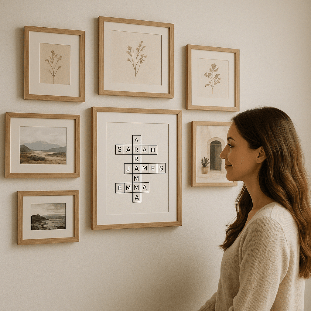 Finished custom crossword poster displayed as wall art